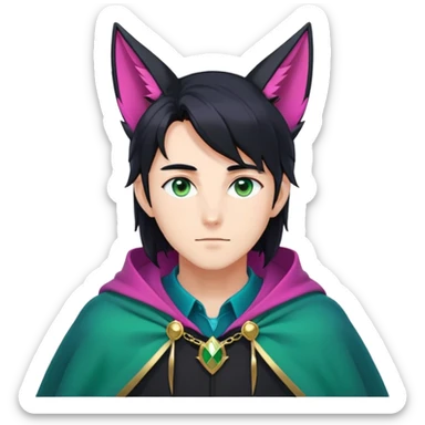 anime man with long-straight-dark-black hair, long black fox ears with pink Scapha, hazel-gradient-brown-turquoise eyes, gold earring, dark-blue-sweater, green cape,  sticker