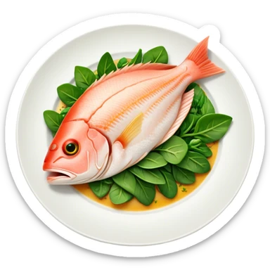 Cinematic fresh snapper fillet, pan-seared to golden perfection, soft and flaky texture, resting on a bed of sautéed greens, warm glowing background, refined and elegant. sticker
