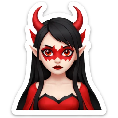 demon girl, skin red , black long hair, small horns, bat wing, black open-back dress, bold black outlines, red+black palette sticker