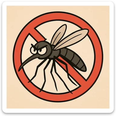 straightforward cartoon mosquito silhouette with a red prohibition sign circle and diagonal line crossing through it, clean easy-to-read cartoon style sticker