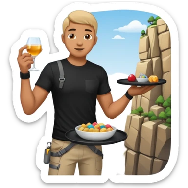 A guy rock climbing on a steep cliff in a black t-shirt with a waiter's tray in his hand sticker