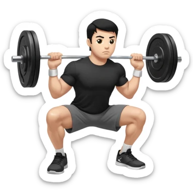Hombre de cabello negro, tez moreno claro, vestido con playera negra, pants gris y tenis blancos tipo jordan haciendo sentadilla libre con barra con un disco de 20 kilos por lado visto de perfil  sticker