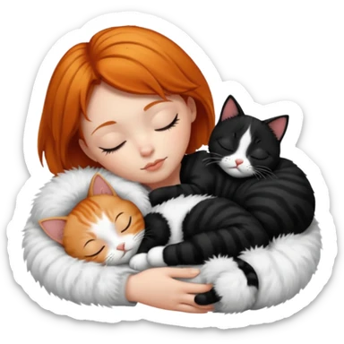 short hair Ginger Girl sleeping with a black and a white bigger cat  sticker