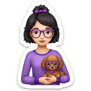 Girl with black hair gradient to brown, tortoise shell glasses, purple braces, holding a toy poodle brown dog sticker