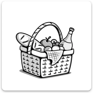 A wicker picnic basket with handle and contents like food items in pastel colors (dd9fb0, ffc6d3, a3bfc9, c4bee2, f1b091), hand-drawn doodle style sticker
