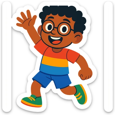 11 year old mixed-race boy with glasses and curly hair, colorful cartoon style, joyful expression sticker