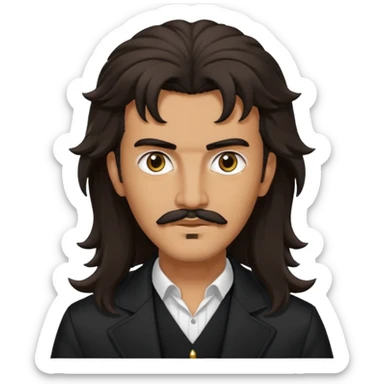 Tedros from The Idol with dark brown long hair and thin mustache, tan skin, black outfit sticker