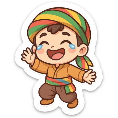 Cartoon sticker of a Kurdish child wearing traditional Kurdish child clothing, colorful and cheerful, face with a big smile and tears of joy, no text, suitable for WhatsApp and Instagram, transparent background. sticker