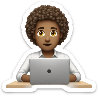 man with skin tone 4, brown course curly hair working on computer in focus mode sticker