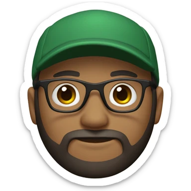 A 3D avatar with a dark green baseball cap, black t-short, glasses, black beard, dark brown eyes, light skin, and looks 35 years old on a beige background sticker
