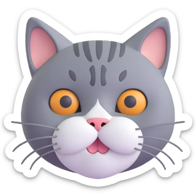 a cute style close-up of a cat face, white nose and underbelly, gray fur sticker