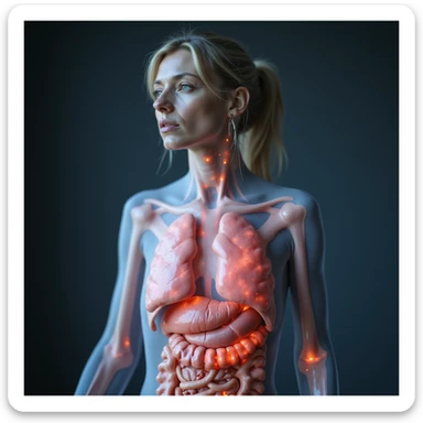 thin woman with translucent anatomical body showing systemic inflammation with red areas on tissues and organs, tired expression, clinical environment, hyperrealistic 4K details, suggesting blocked metabolism from overly restrictive diet sticker
