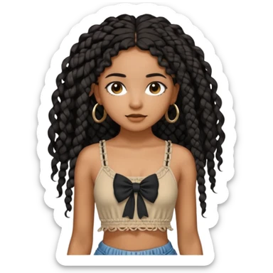 Girl with long black hair curly knotless boho braids mixed girl crop top with a bow on the crop top sticker