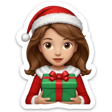 a girl with wavy brown hair wearing a christmas clothes and holding a gift sticker