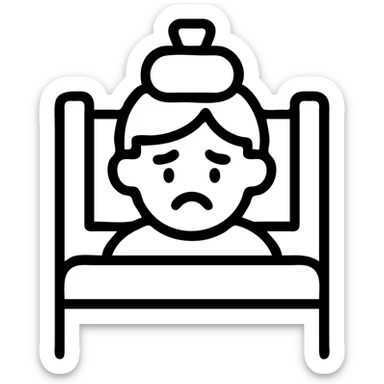 a sick child lying in bed with a hot water bottle on their head, simple line art sticker
