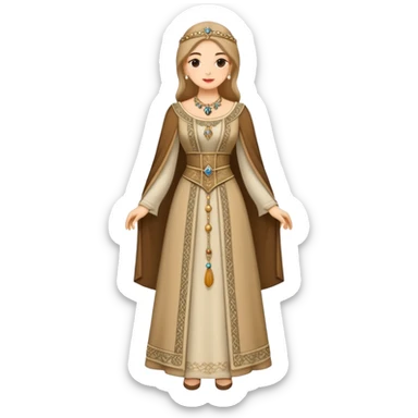 Full body of wealthy medieval townswomen in elegant dress with jewelry and fine embroidered clothing sticker