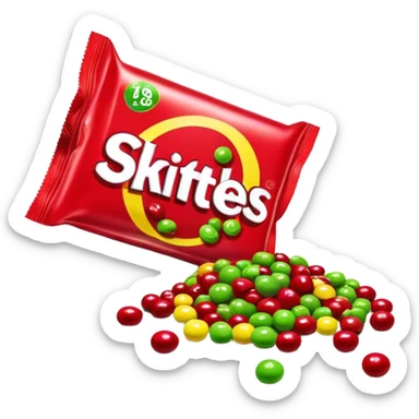 Red Skittles package with logo, the original red Skittles pack design, with only green Skittles candies spilling out sticker