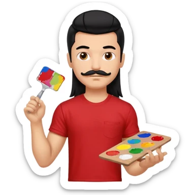 generate a pretty fair bratz boy with a long mullet (black hair), mustache, carrying a paint palette in hand and wearing a red tshirt. Lean but biceps sticker