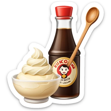 Kikkoman soy sauce bottle next to ice cream. sticker