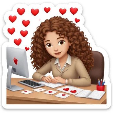 Hearts around Beautiful woman working at a desk. Her hair is brown long and curly. She is in love sticker