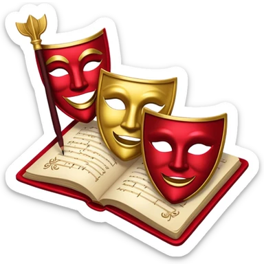 Create a bold and dramatic emoji representing the art of playwriting. The design should feature an open script or a theater playbook, with stylized text lines or dramatic dialogue inside. Include elements like a theatrical comedy and tragedy masks, a stage spotlight, or a writting quill to symbolize creativity and performance. Use deep, contrasting colors like red, black, and gold to evoke the intensity and passion of drama. The overall design should feel dramatic, inspiring, and artistic. Make the background transparent. sticker
