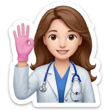 Barbie like emoji of a white woman with brown eyes and long wavy brown hair wearing blue scrubs, white lab coat, pink stethoscope, and raising one hand and a warm smile sticker