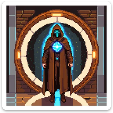 A mysterious man with a brown cloak and futuristic high-tech mask stepping out of a glowing portal sticker