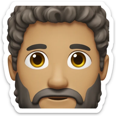 a light brown-skinned man with short, thick hair that is mostly black with a little grey, green eyes and a black beard sticker