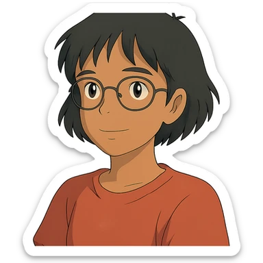 ghibli style Asian girl with tan skin, short black hair, and glasses sticker