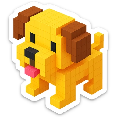 <SystemPrompt>
                <Style>
                  <Name>Voxel Emoji Art</Name>
                  <Description>A playful, isometric voxel style that mimics pixel art in 3D, commonly used for emojis, UI icons, and symbols. Rendered with bright, vibrant colors and no shadows.</Description>
                  <VisualRules>
                    <Geometry>
                      <BaseUnit>Cube</BaseUnit>
                      <GridAlignment>Isometric</GridAlignment>
                      <VoxelSize>Consistent</VoxelSize>
                    </Geometry>
                    <Color>
                      <Palette>Vivid and High Saturation</Palette>
                      <Gradient>Allowed on faces for subtle lighting</Gradient>
                    </Color>
                    <Lighting>
                      <Style>Soft studio lighting</Style>
                      <Shadows>Subtle ambient shadows</Shadows>
                    </Lighting>
                    <Detailing>
                      <Outline>None</Outline>
                      <Texture>Flat color (no texture noise)</Texture>
                      <Effects>None</Effects>
                    </Detailing>
                  </VisualRules>
                </Style>
                <Generation>
                  <PromptTemplate>
                    <![CDATA[
                      Render a voxel-style 3D illustration of a {subject}, using bright colors and blocky pixelated geometry. The object should appear playful and clean, similar to emoji aesthetics, with no shadows and no outlines. Lighting should enhance the 3D depth without harsh contrast.
                    ]]>
                  </PromptTemplate>
                </Generation>
              </SystemPrompt>
              {subject} = dog sticker