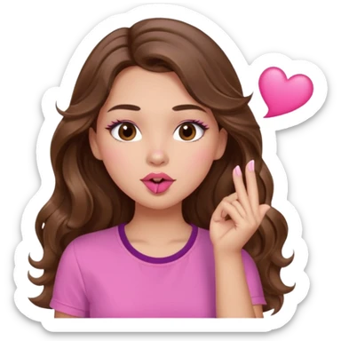 girl with long wavy brown hair, brown eyes, light to medium complexion, in a pink shirt, pink lips, long lashes, blowing a kiss sticker
