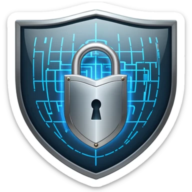 An icon featuring a shield with a padlock, a digital network grid, and binary code, symbolizing cybersecurity. The design includes a hacker’s silhouette, a firewall, and encrypted data flow, representing protection against cyber threats. Transparent background highlights digital security. sticker