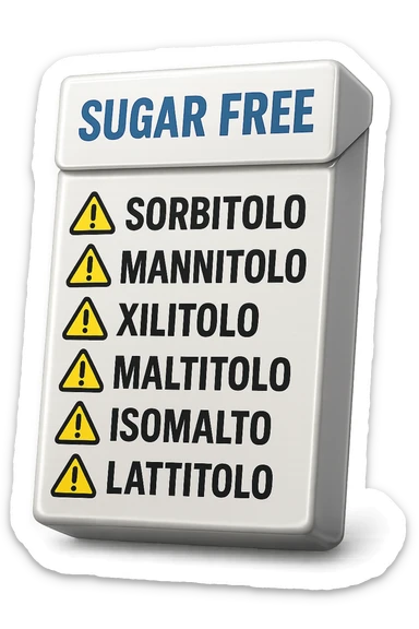 SU QUESTO STILE FAI UN EMOJI STILE IPHONE 3D DI UN pacchetto di gomme senza zucchero con ETICHETTA CON GLI INGREDIENTI SCRITTI, "sorbitolo, mannitolo, xilitolo, maltitolo, isomalto, lattitolo" accanto ad ogni nome scritto mettici un segnale di allarme, FALLO MOLTO REALISTICO IN 3D sticker