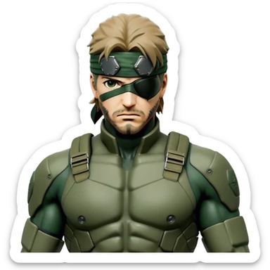Cinematic Realistic Metal Gear Solid Snake Soldier Portrait, captured in a dynamic, battle-ready stance, muscles defined beneath intricately detailed combat gear in consistent muted greens, browns, and blacks. His determined eyes and rugged features, rendered with dramatic natural lighting and high shine, exude raw, unyielding power, epitomizing the fierce, relentless spirit of a covert operative in the midst of action. sticker