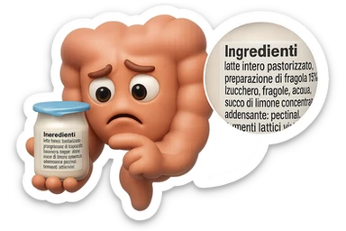 EMOJI STILE IPHONE 3D DI UN INTESTINO CHE HA IN MANO UN BARATTOLO DI YOGURT CONFEZIONATO DA SUPERMERCATO E LEGGE L'ETICHETTA NUTRIZIONALE CON GLI INGREDIENTI IN ITALIANO, ACCANTO ALLO YOGURT CHE HA IN MANO C'è UN FOCUS SULL'ETICHETTA CON GLI INGREDIENTI SCRITTI, FAGLI UN ESPRESSIONE CONFUSA MENTRE LEGGE E FALLO MOLTO REALISTICO IN 3D sticker