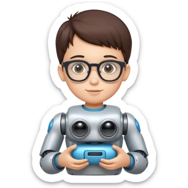 kid with glasses → holding a toy robot sticker