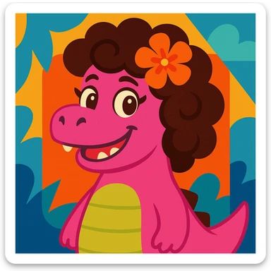 pink dinosaur with brown curly hair, a Hawaiian flower in her hair, and brown eyes, vibrant illustration style sticker