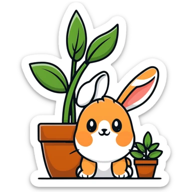 cinnamon bunny peeking behind a plant sticker