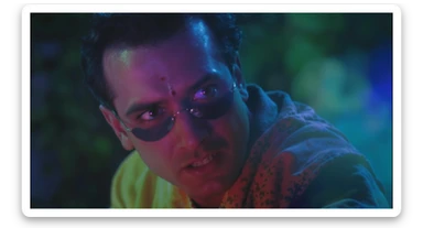 A cinematic screengrab from 1990 Indian Bollywood film called 'Batman', Sony Alpha a7 III camera, colorful  sticker