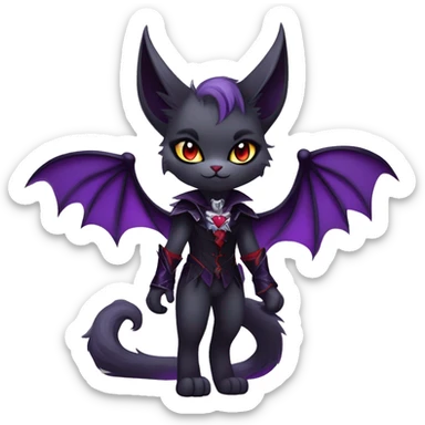 Anthro-Cute-Edgy-Cool-Vampiric-Batty-Cat-Black-Purple-Red-Grey-White-Yellow-Contrast-Colors-Fantasy-Fur-Sona-Chibi-Shiny-Fakémon-Hybrid with horns and fangs and collar full body sticker