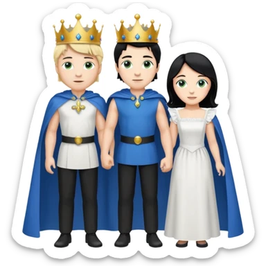 Prince with crown, blue cape and trousers, body and legs, black hair, blue eyes and maid, blonde hair, green eyes, sexy white short sleveless dress,  sticker
