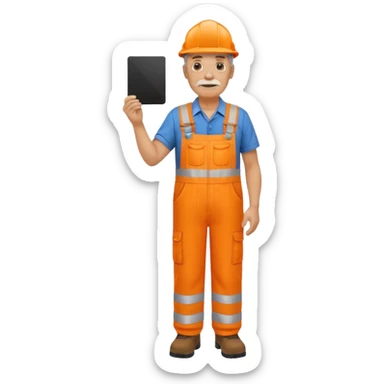 older engineer hi-vis orange overalls standing full body holding a card sticker