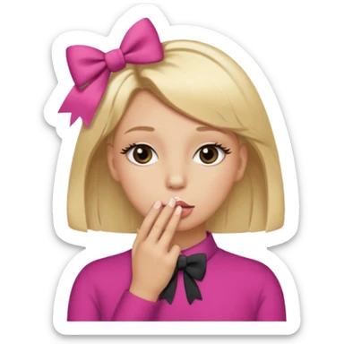 Hayır sırta emoji olsun eli ağzında olsun gözlerinde kirpik olsun kafasının yanında da kurdele olsun sticker