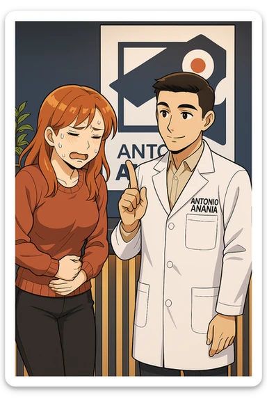 su questo stile fai un manga/webtoon a colori in cui una donna PREOCCUPATA FA UNA DOMANDA ALL'UOMO, l'uomo della foto in stile manga LE DICE DI "NO" CON IL DITO, mantieni un ambiente simile alla foto che ho allegato con il suo logo (sarebbe il suo studio, lui è un kinesiologo), scrivigli "ANTONIO ANANIA" sul camice bianco, non mettere fumetti, ma fai in modo che sembri che la donna CHIEDA ALLARMATA E L'UOMO LA TRANQUILLIZZI sticker