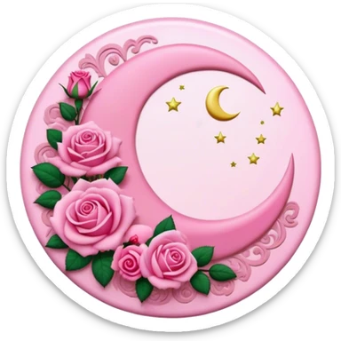 A round pink button with a crescent damask moon and pink roses in the center sticker