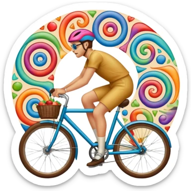 apple emoji style person on bicycle with subtle psychedelic swirls in wheels inspired by Hofmann blotter art bold and iconic sticker