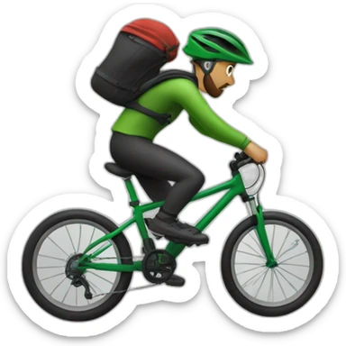 mountain biker, without a backpack, with a green bicycle, with a scarf, hat and dark clothing, traveling at high speed sticker