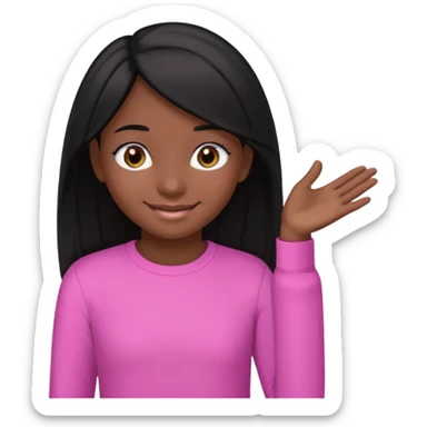 A portrait of a 14-year-old girl, he's got black hair, darkish skin and brown eyes. she's wearing a pink longsleeve. She's smiling a bit sticker