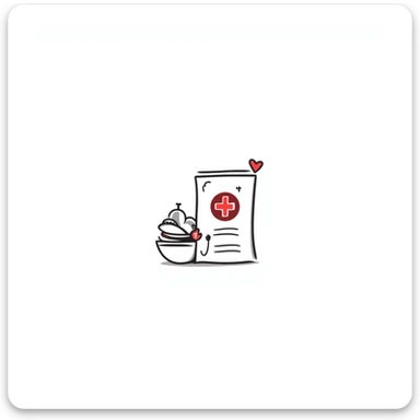 Hand-drawn intimate health clinic packet with red cross and small heart icon, sealed medical packet sticker