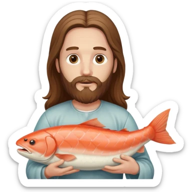 a white Jesus with a long beard holding a salmon sticker